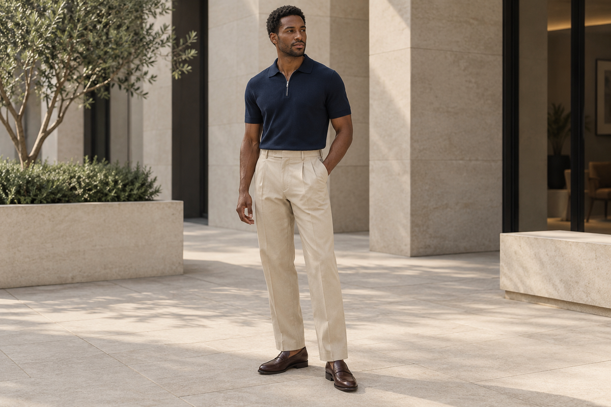 Man wearing a navy polo, beige pleated trousers and brown loafers in a limestone courtyard.