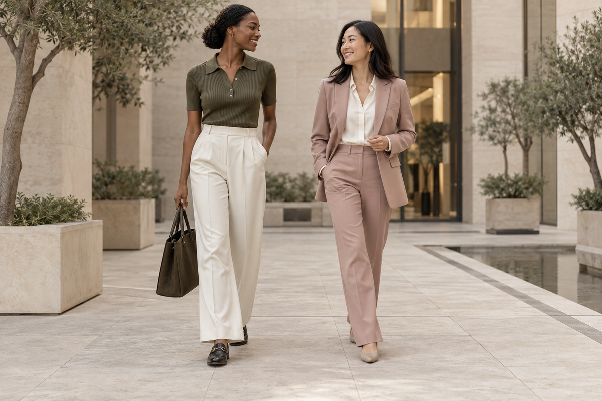 Two women wearing an olive polo with ivory trousers and a blush trouser suit in a limestone courtyard.