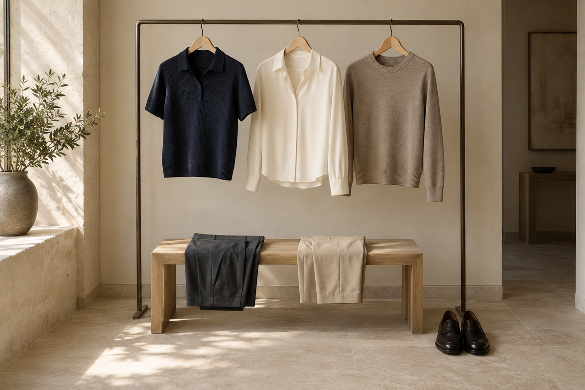 A small office capsule wardrobe with three neutral tops, two pairs of trousers and dark loafers.