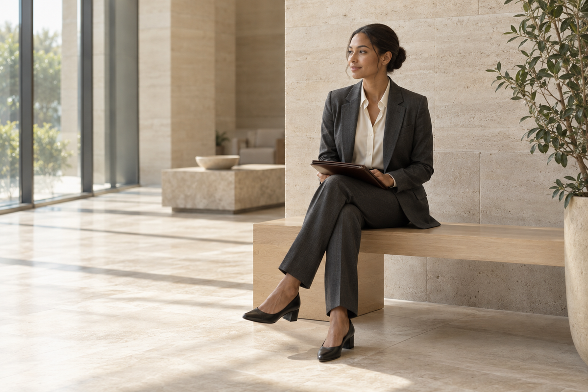 Woman in a charcoal trouser suit and ivory blouse holding a portfolio in a calm office lobby.