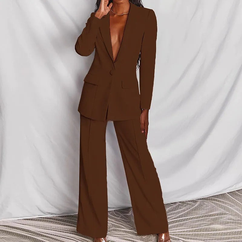 Model wearing a brown blazer and trouser suit