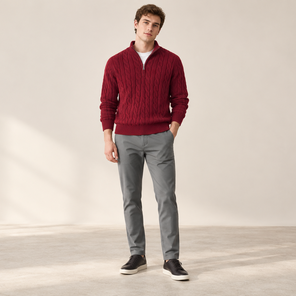 Model wearing a burgundy cable-knit sweater and grey trousers