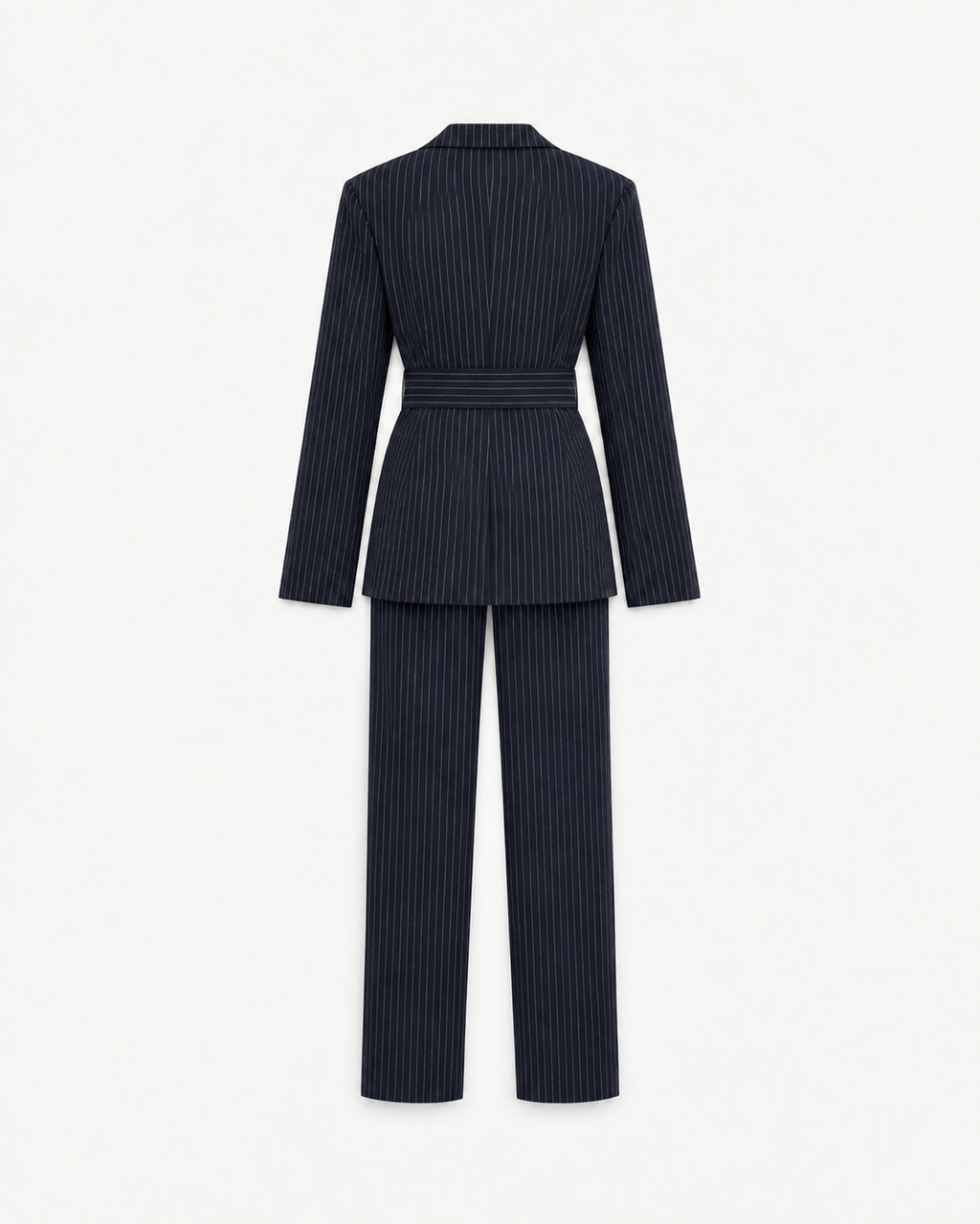 Back view of the navy pinstripe blazer and trouser suit