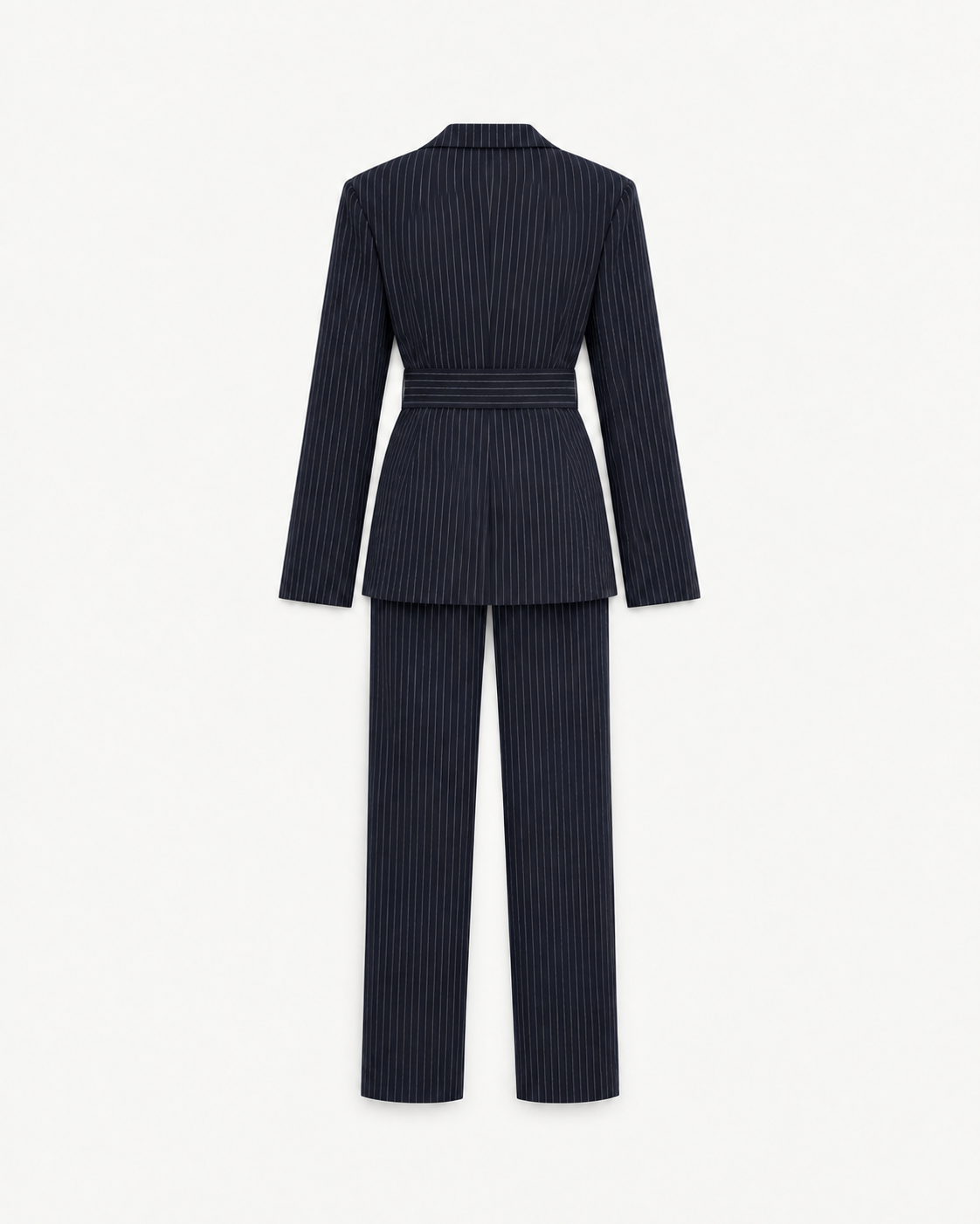 Back view of the navy pinstripe blazer and trouser suit