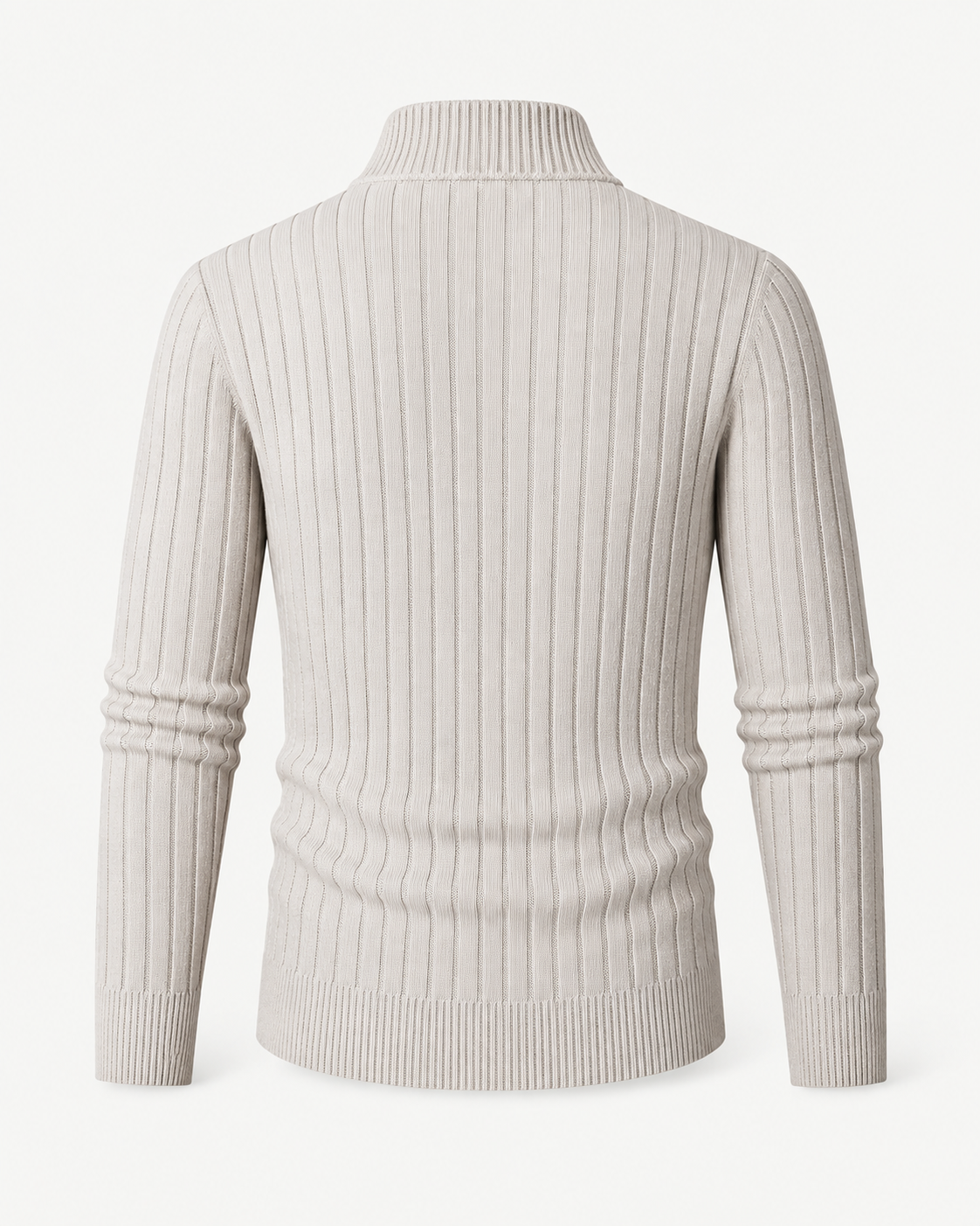 Back view of a light beige ribbed sweater