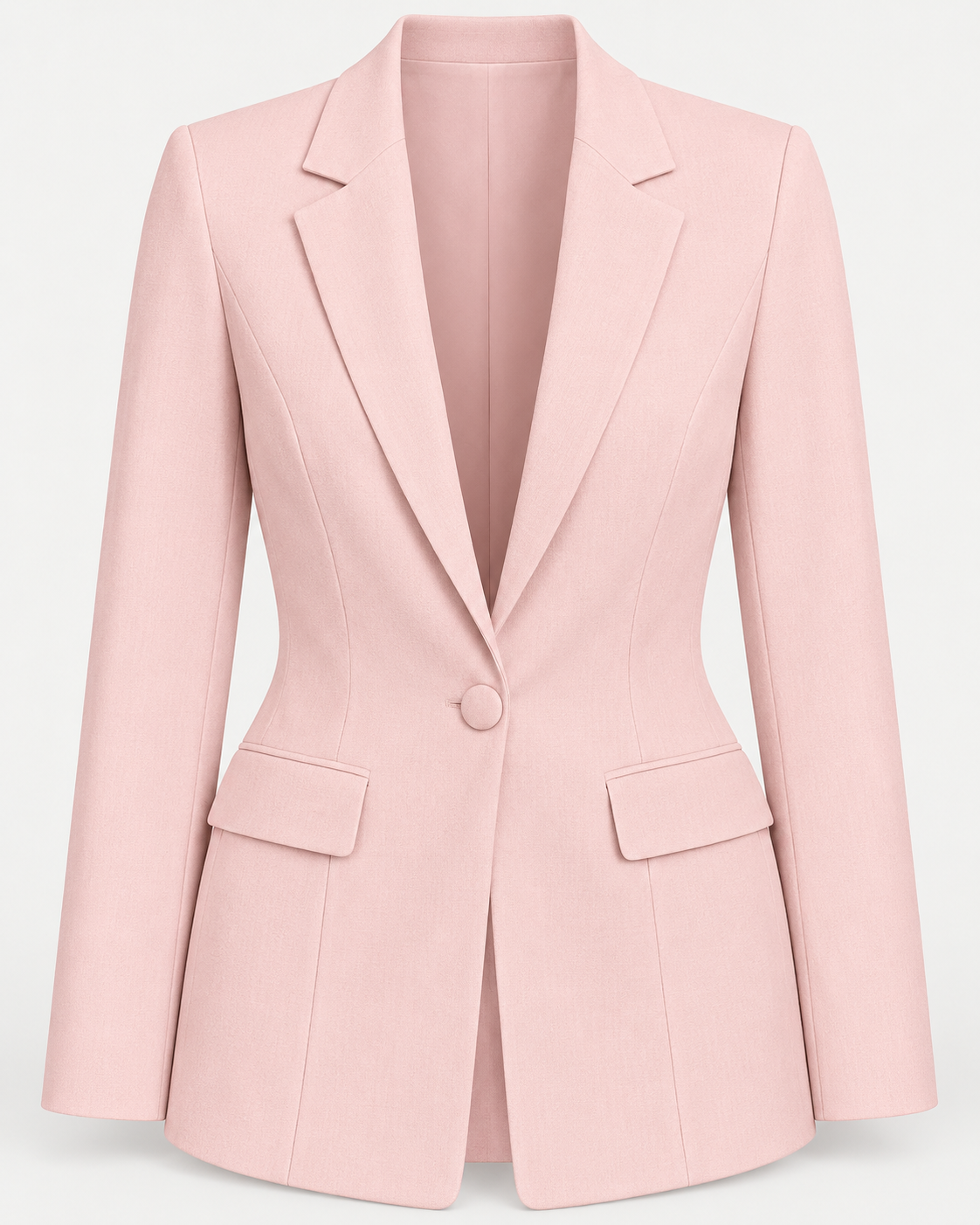 Close-up of the pink blazer lapels, button and flap pockets