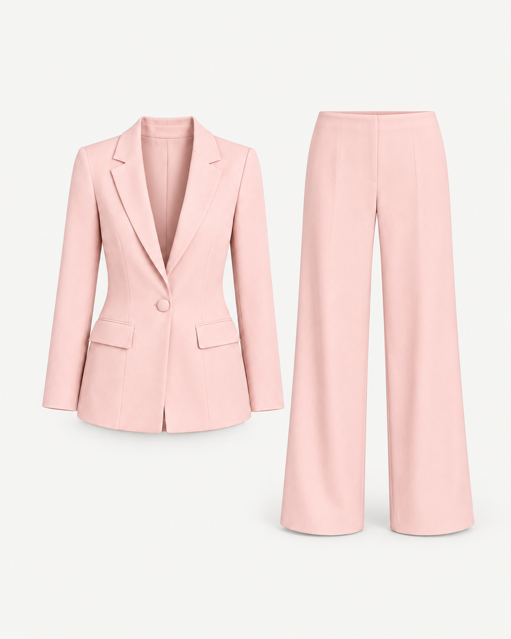 Pink blazer and matching trousers laid side by side