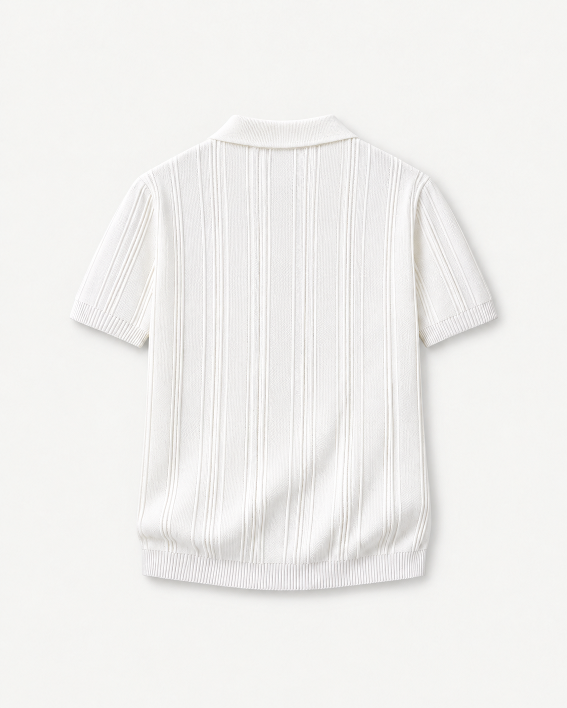 Back view of a white textured short-sleeve polo