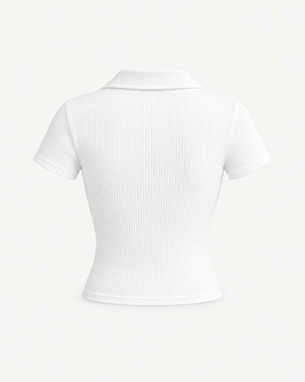 Back view of a white short-sleeve ribbed polo