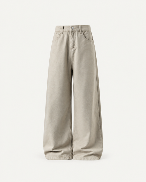Men's Cotton Twill Loose-Fit Trousers in Beige Gray — front studio view