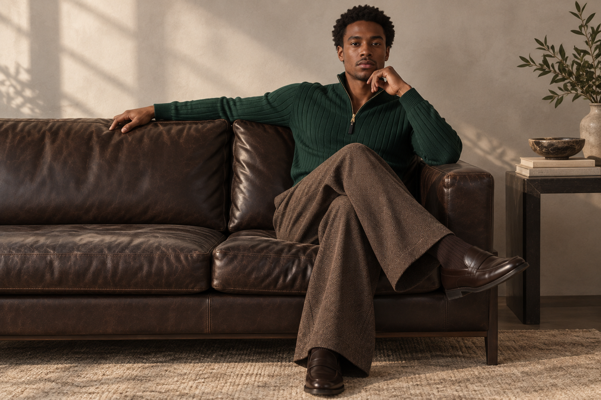 Model seated on a leather sofa in a green quarter-zip sweater and coffee pleated trousers.
