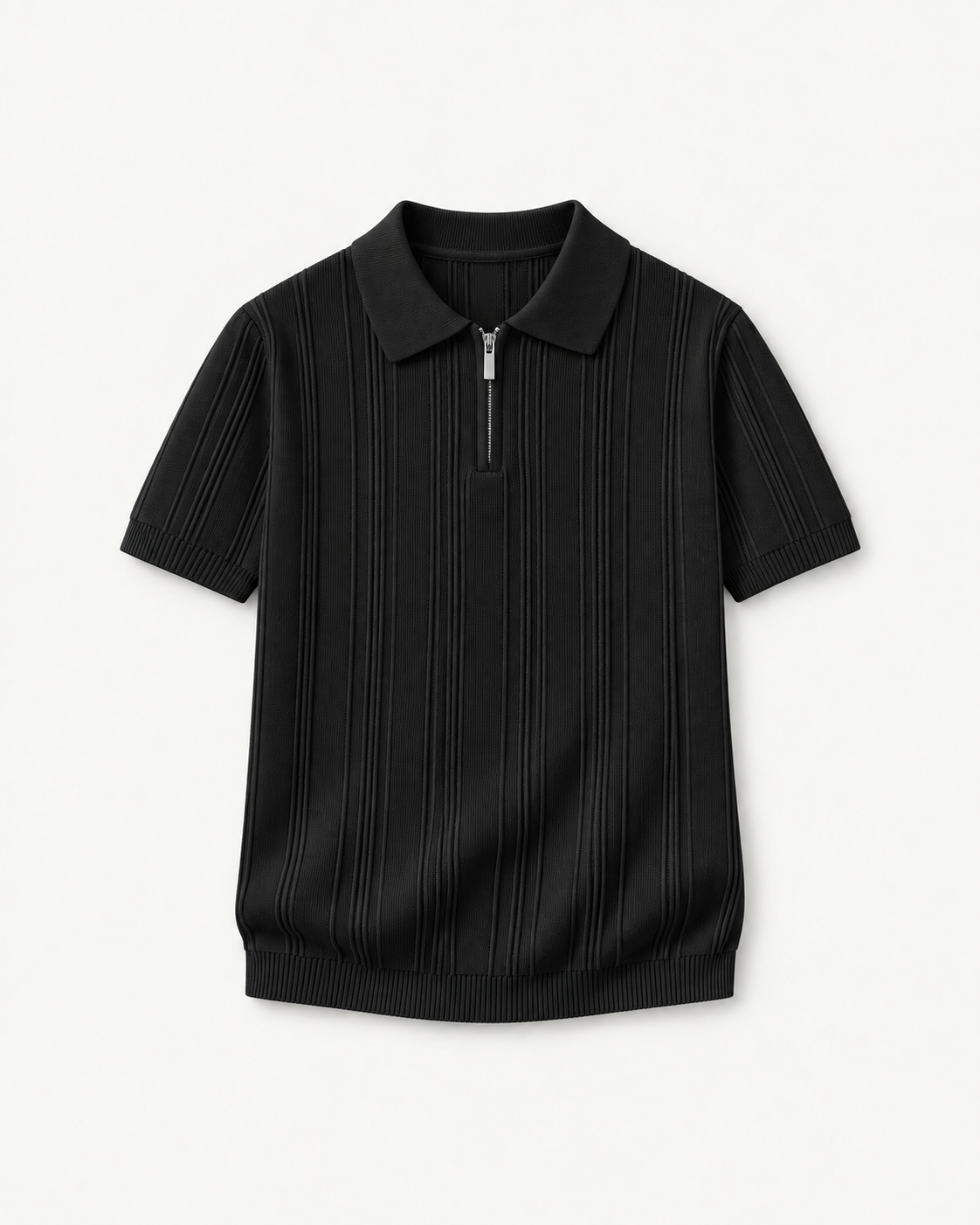 Men's Textured Zip Polo Shirt in Black — front studio view