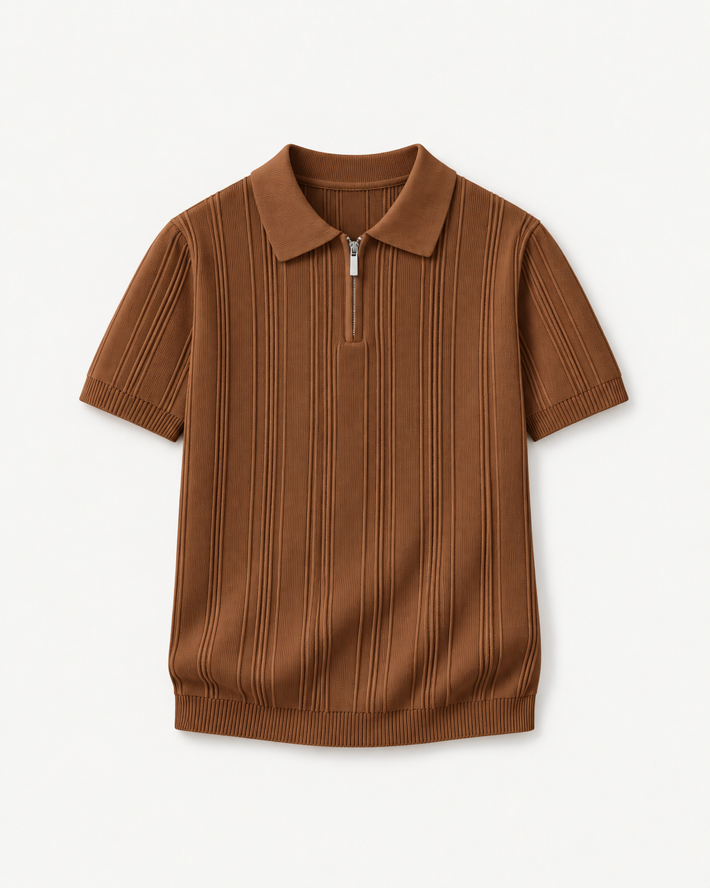 Men's Textured Zip Polo Shirt in Brown — front studio view