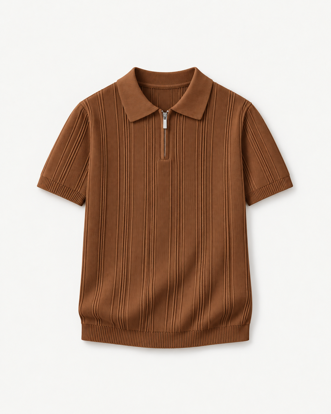 Men's Textured Zip Polo Shirt in Brown — front studio view