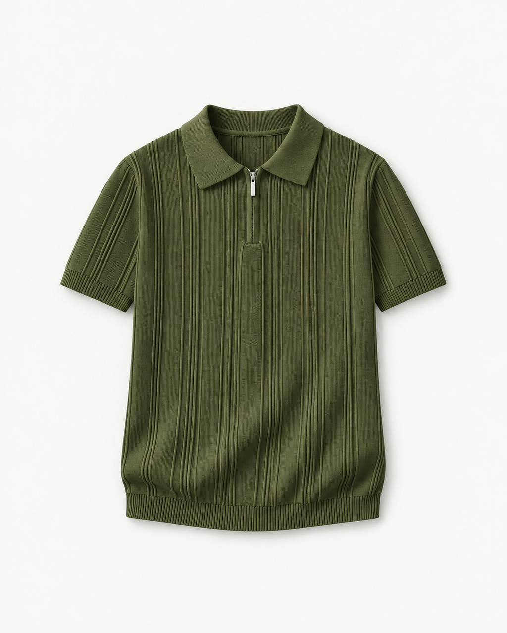 Men's Textured Zip Polo Shirt in Green — front studio view