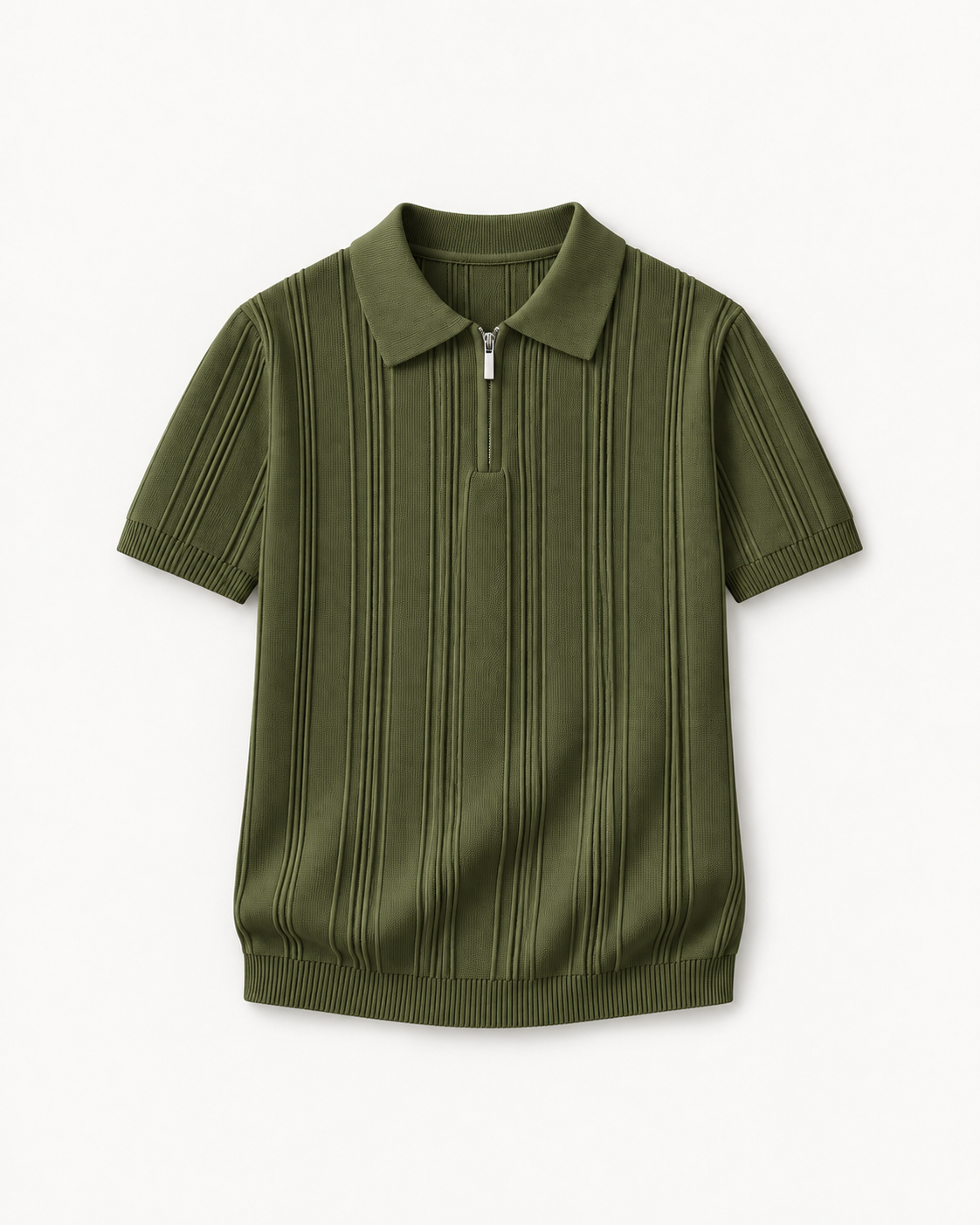 Men's Textured Zip Polo Shirt in Green — front studio view