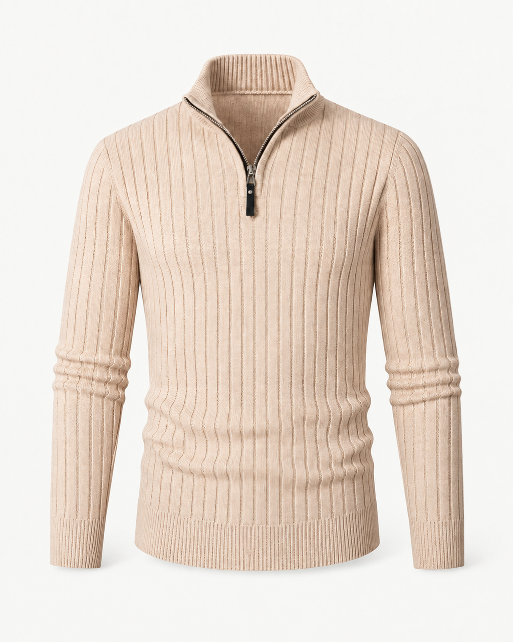 Men's Ribbed Quarter-Zip Sweater in Apricot — front studio view