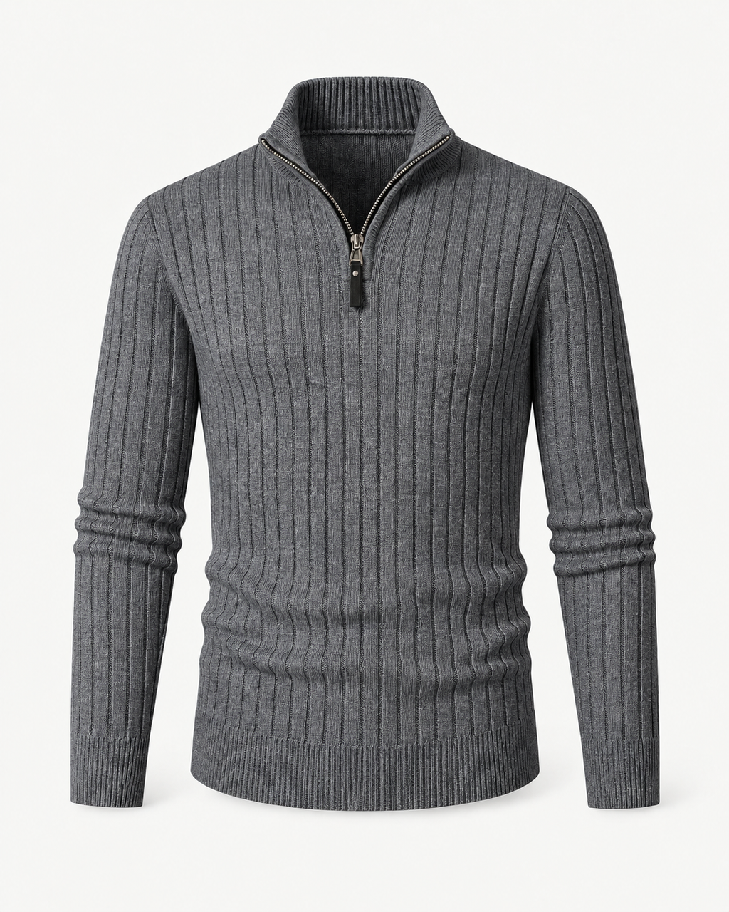 Men's Ribbed Quarter-Zip Sweater in Dark Grey — front studio view