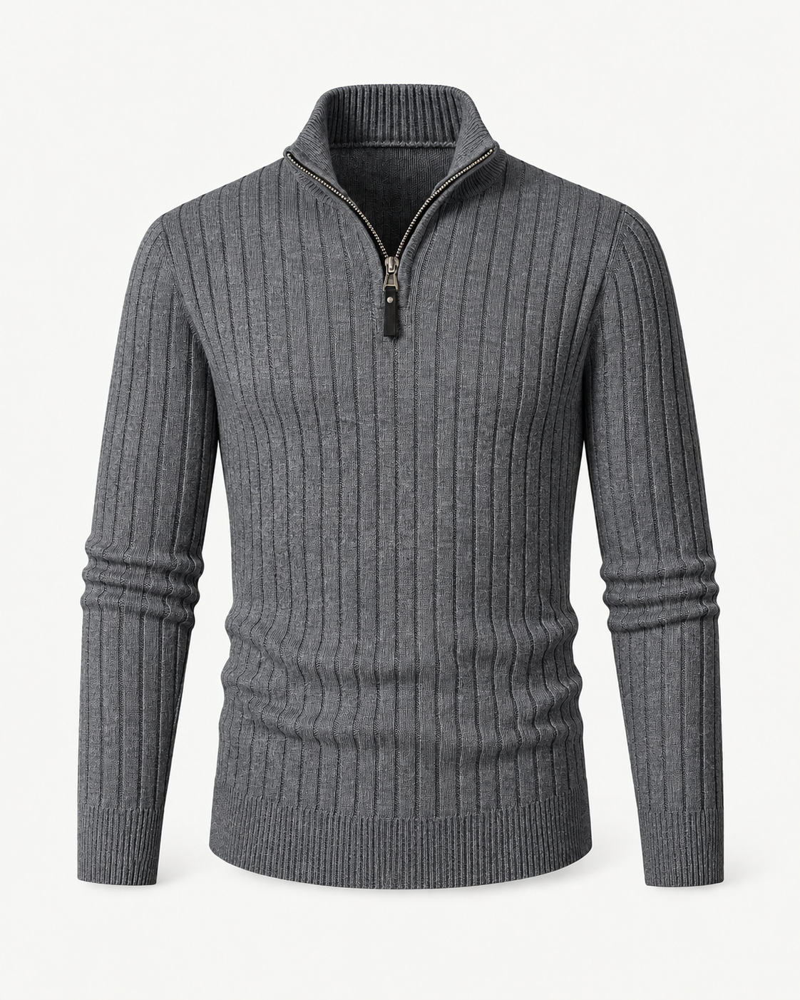 Men's Ribbed Quarter-Zip Sweater in Dark Grey — front studio view