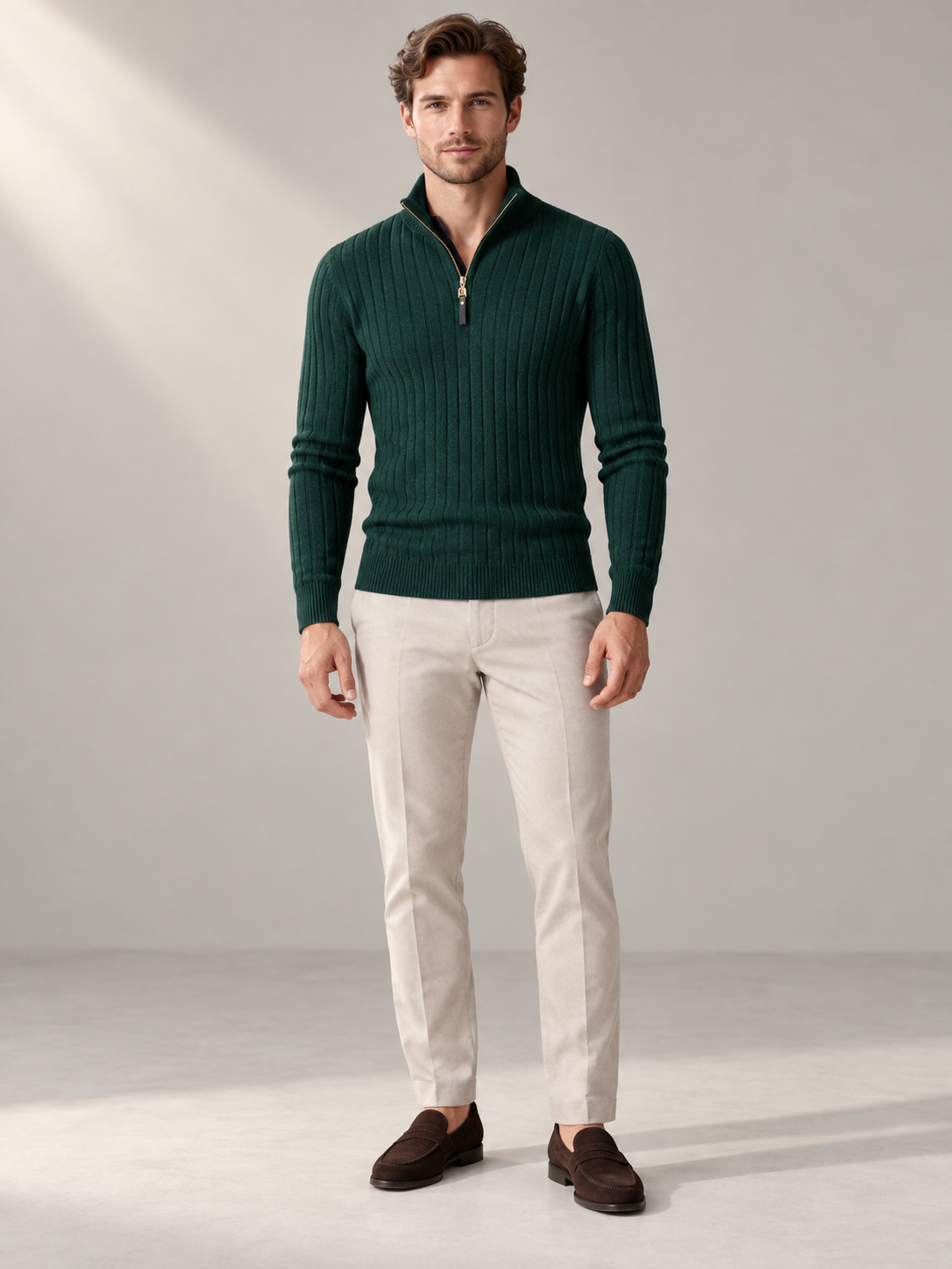Men's Ribbed Quarter-Zip Sweater | Slim Fit — full-length studio model view