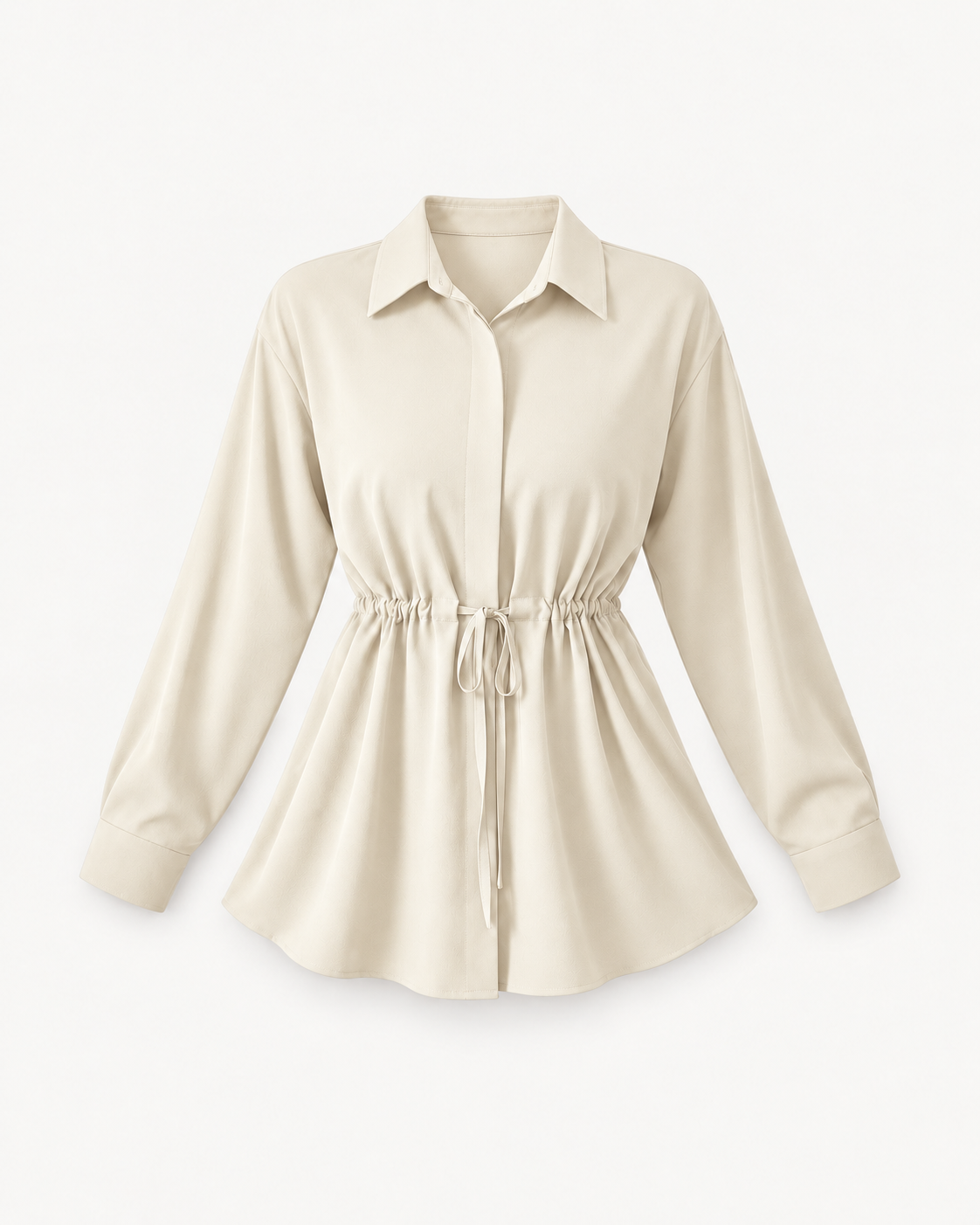 Women's Drawstring-Waist Long-Sleeve Blouse in Apricot — front studio view