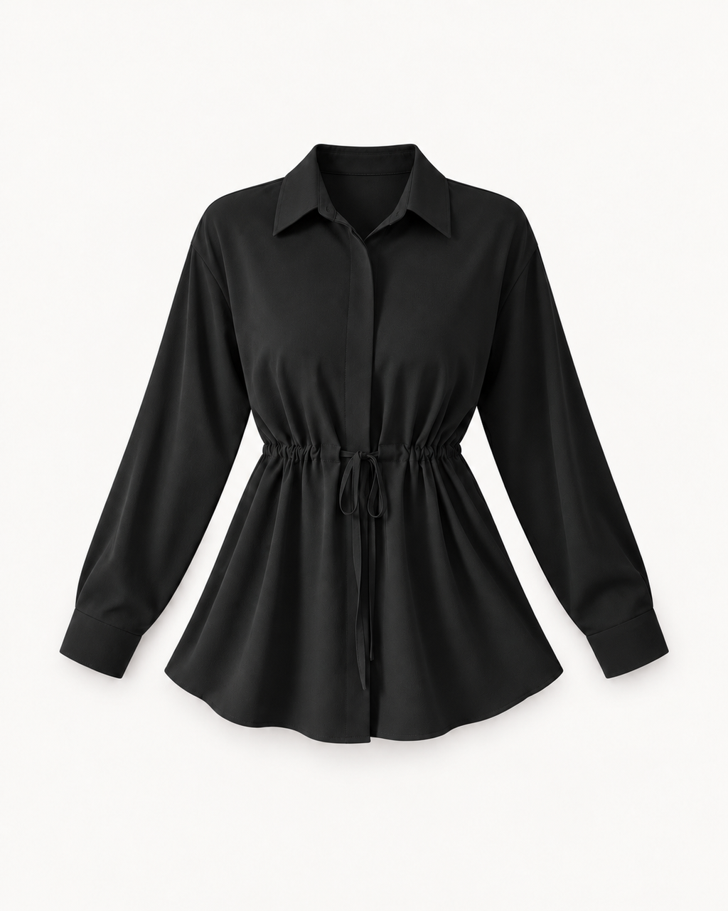 Women's Drawstring-Waist Long-Sleeve Blouse in Black — front studio view