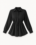 Women's Drawstring-Waist Long-Sleeve Blouse in Black — front studio view