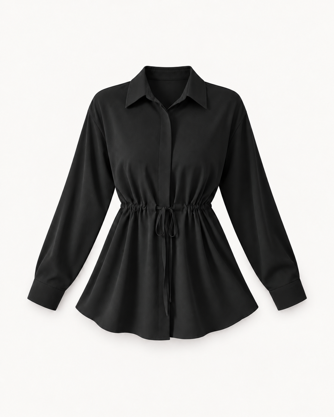 Women's Drawstring-Waist Long-Sleeve Blouse in Black — front studio view
