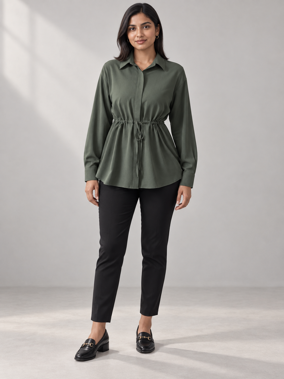 Women's Drawstring-Waist Long-Sleeve Blouse — full-length studio model view