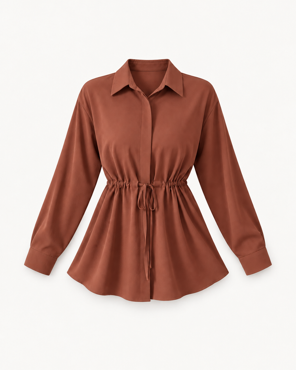 Women's Drawstring-Waist Long-Sleeve Blouse in Light Brown — front studio view