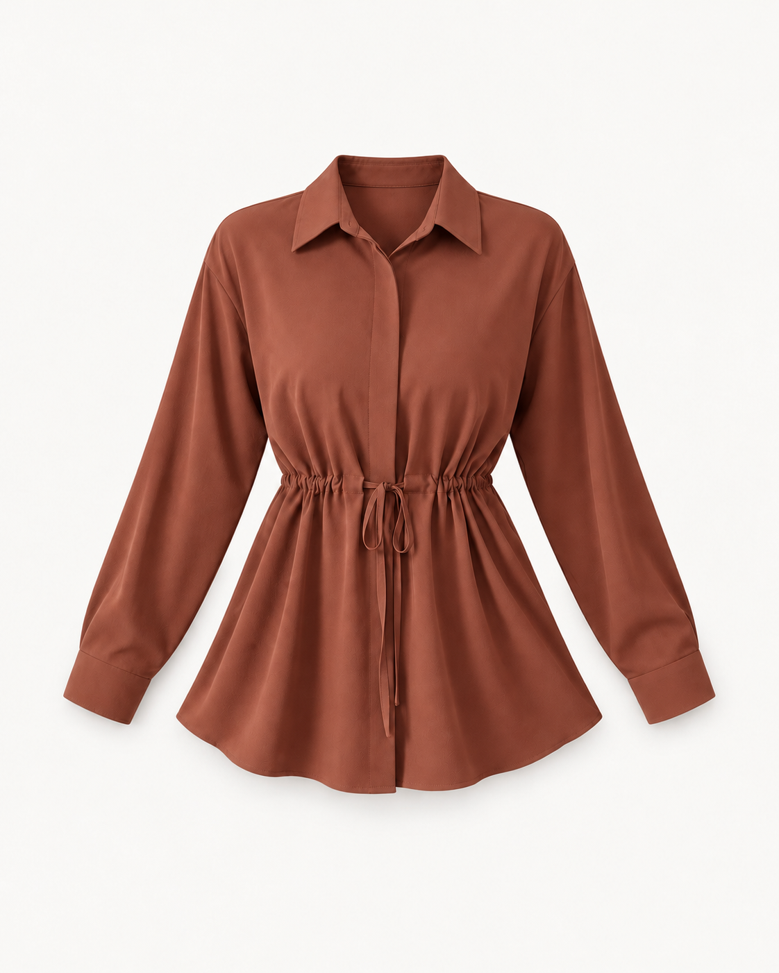 Women's Drawstring-Waist Long-Sleeve Blouse in Light Brown — front studio view