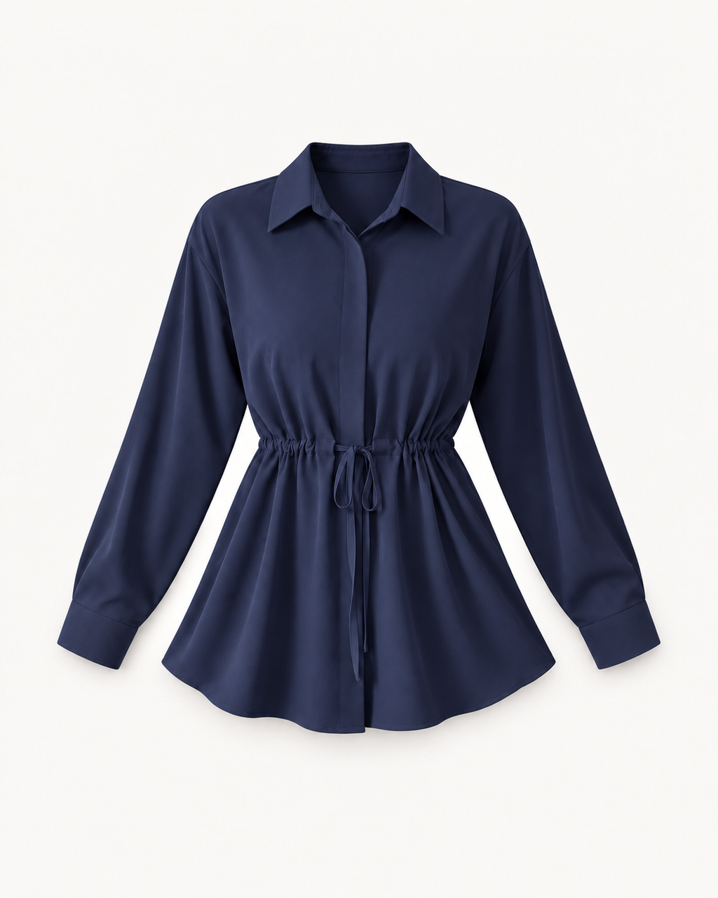 Women's Drawstring-Waist Long-Sleeve Blouse in Navy Blue — front studio view