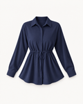 Women's Drawstring-Waist Long-Sleeve Blouse in Navy Blue — front studio view