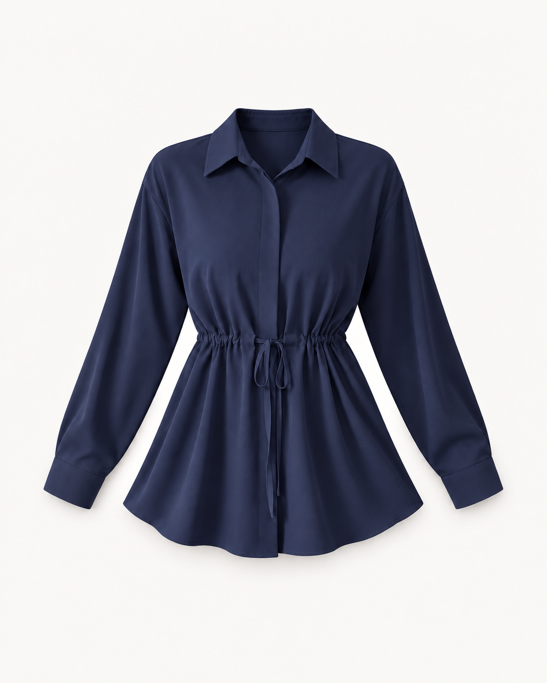 Women's Drawstring-Waist Long-Sleeve Blouse in Navy Blue — front studio view
