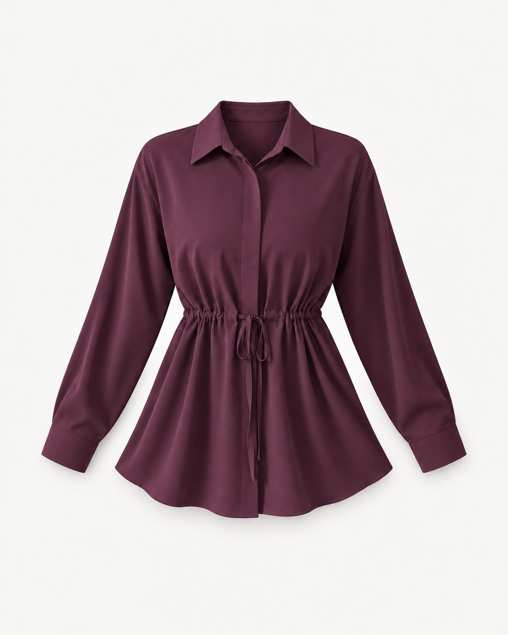 Women's Drawstring-Waist Long-Sleeve Blouse in Purplish Red — front studio view