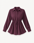 Women's Drawstring-Waist Long-Sleeve Blouse in Purplish Red — front studio view