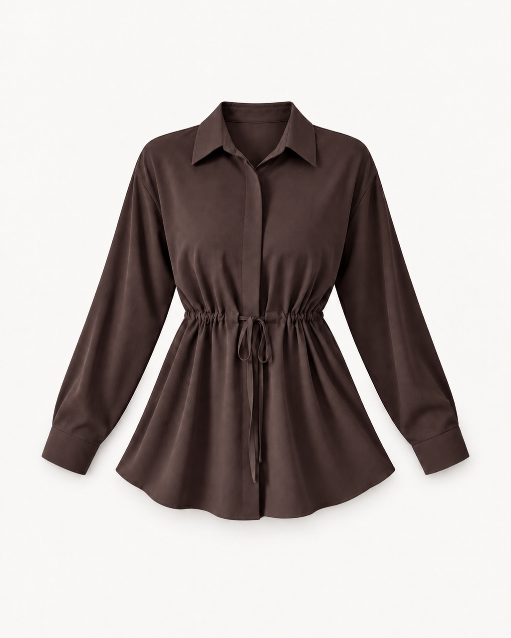 Women's Drawstring-Waist Long-Sleeve Blouse in Reddish Brown — front studio view