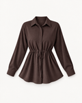 Women's Drawstring-Waist Long-Sleeve Blouse in Reddish Brown — front studio view