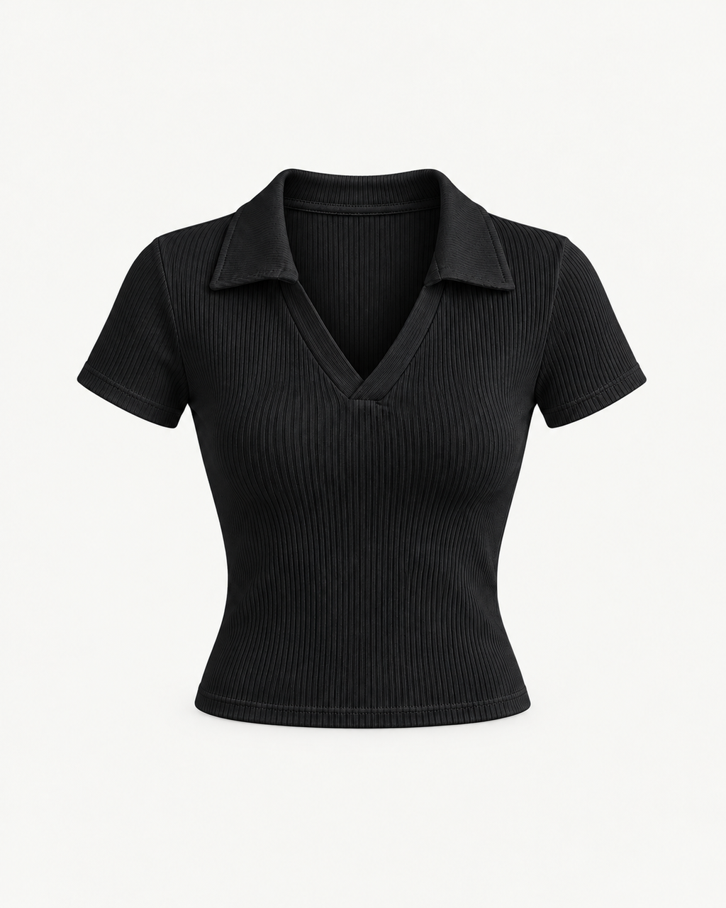 Women's Ribbed V-Neck Polo Shirt in Black — front studio view