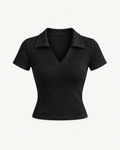 Women's Ribbed V-Neck Polo Shirt in Black — front studio view