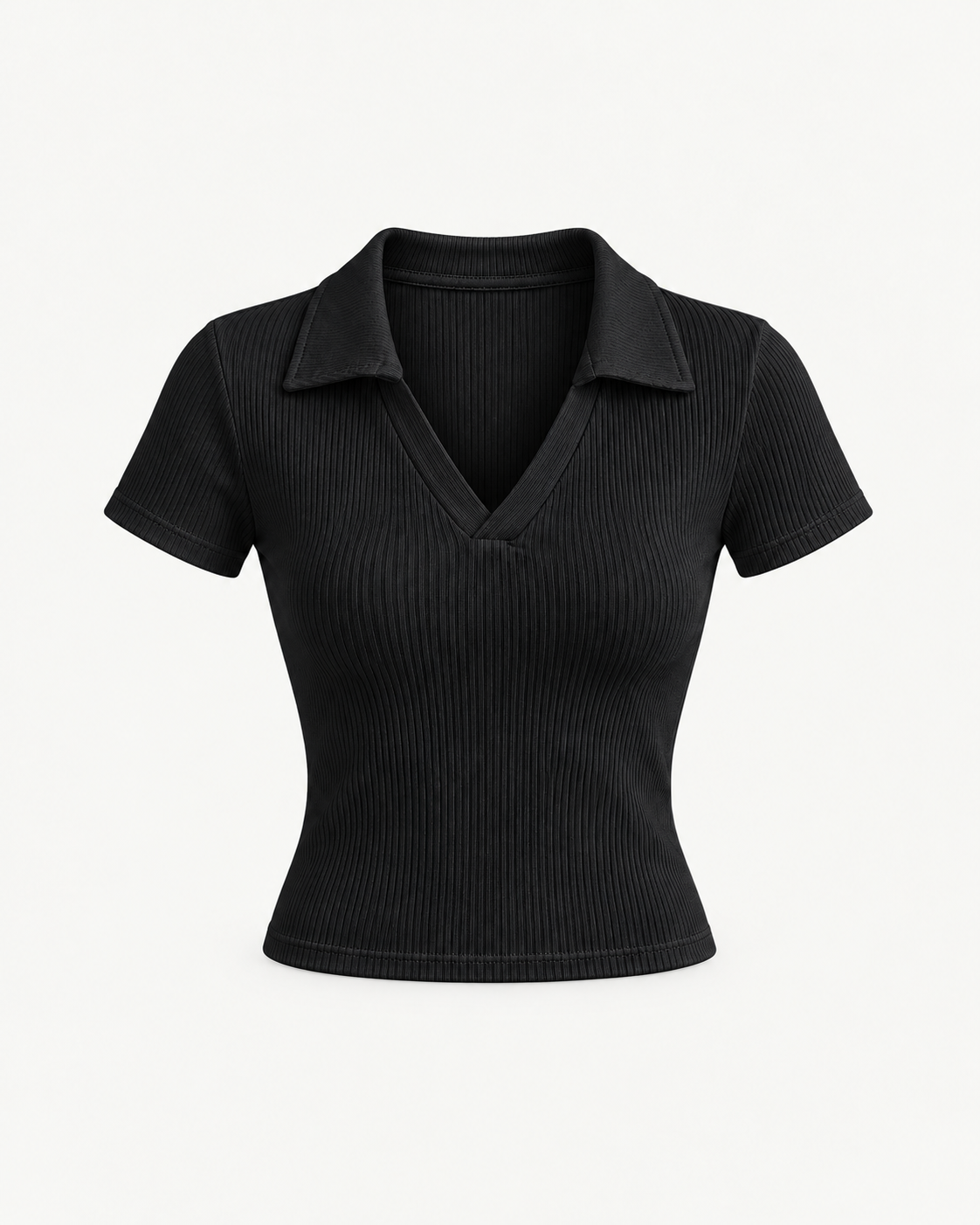 Women's Ribbed V-Neck Polo Shirt in Black — front studio view