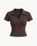 Women's Ribbed V-Neck Polo Shirt in Coffee — front studio view