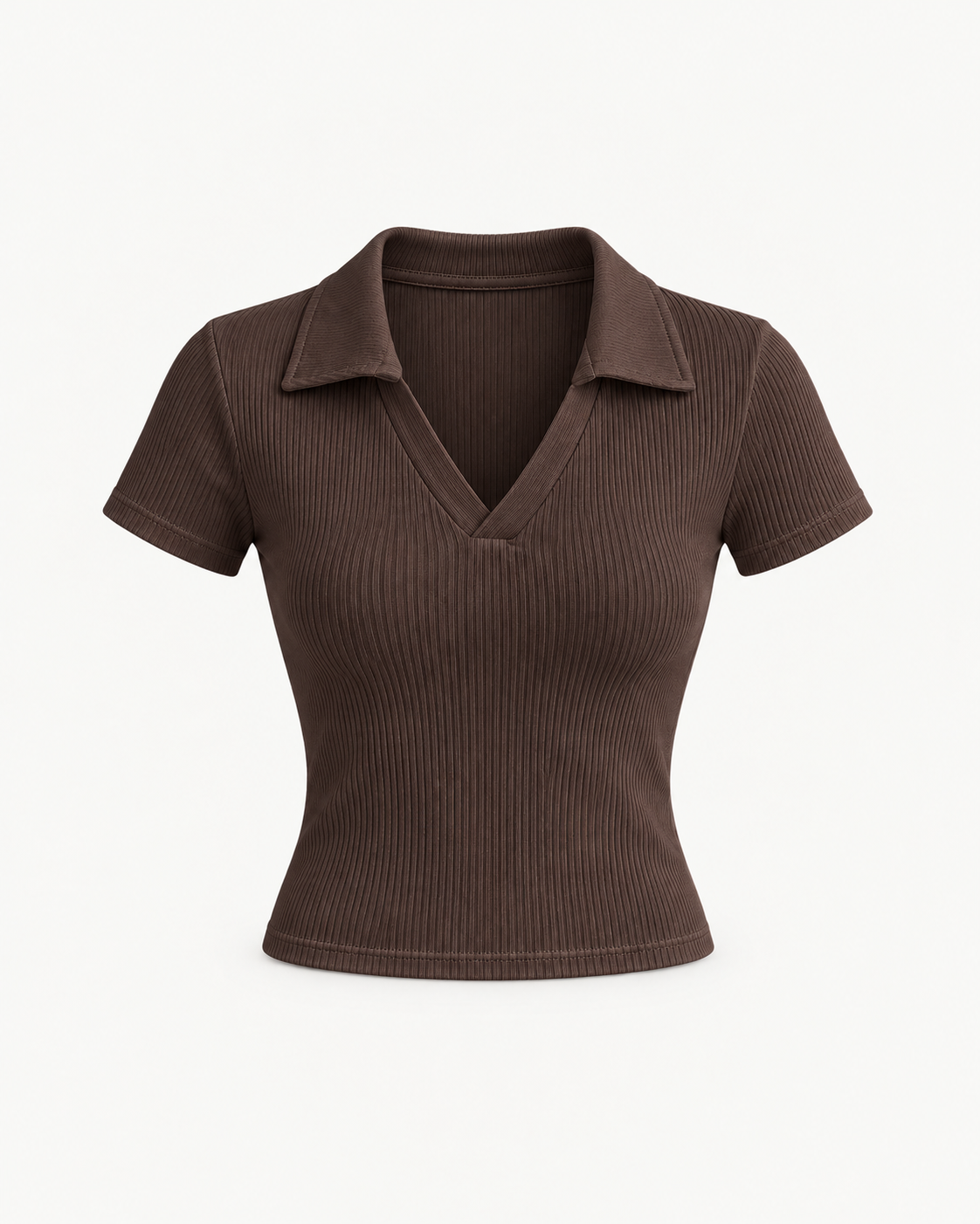 Women's Ribbed V-Neck Polo Shirt in Coffee — front studio view