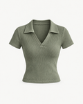 Women's Ribbed V-Neck Polo Shirt in Green — front studio view