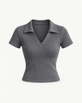 Women's Ribbed V-Neck Polo Shirt in Grey — front studio view