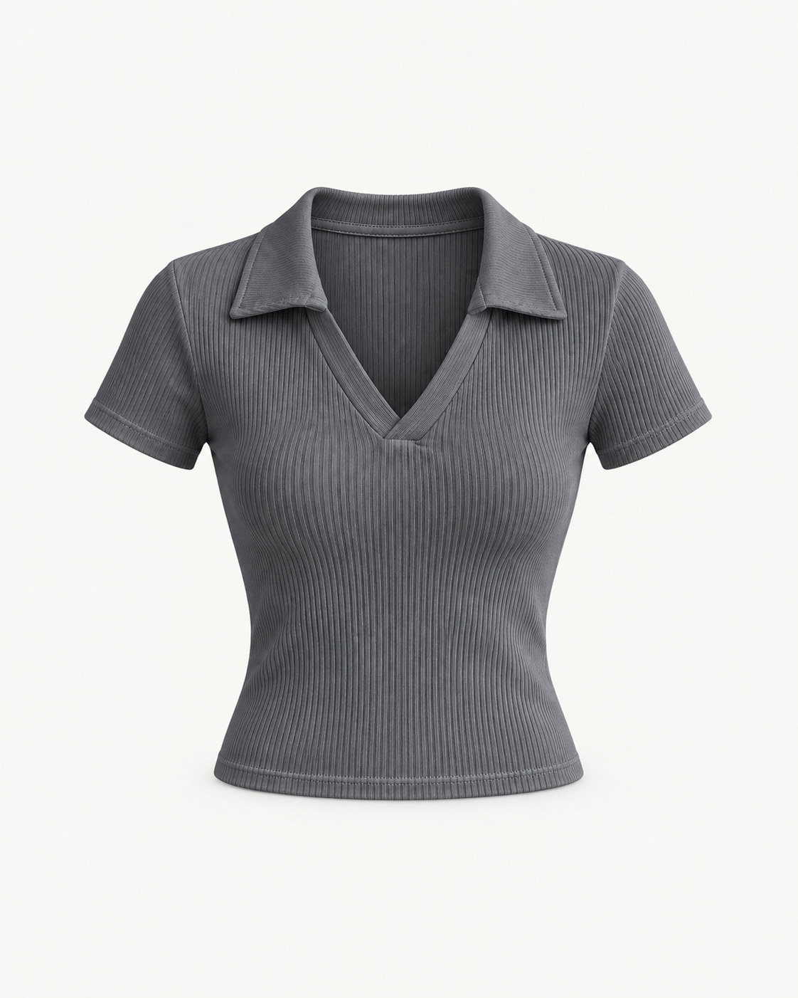 Women's Ribbed V-Neck Polo Shirt in Grey — front studio view