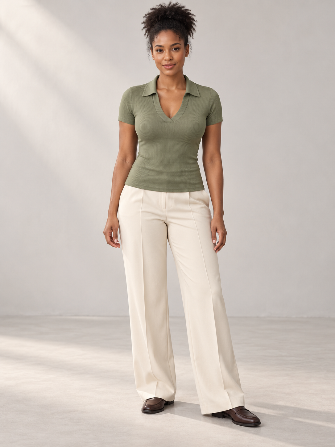 Women's Ribbed V-Neck Polo Shirt | Slim Fit — full-length studio model view