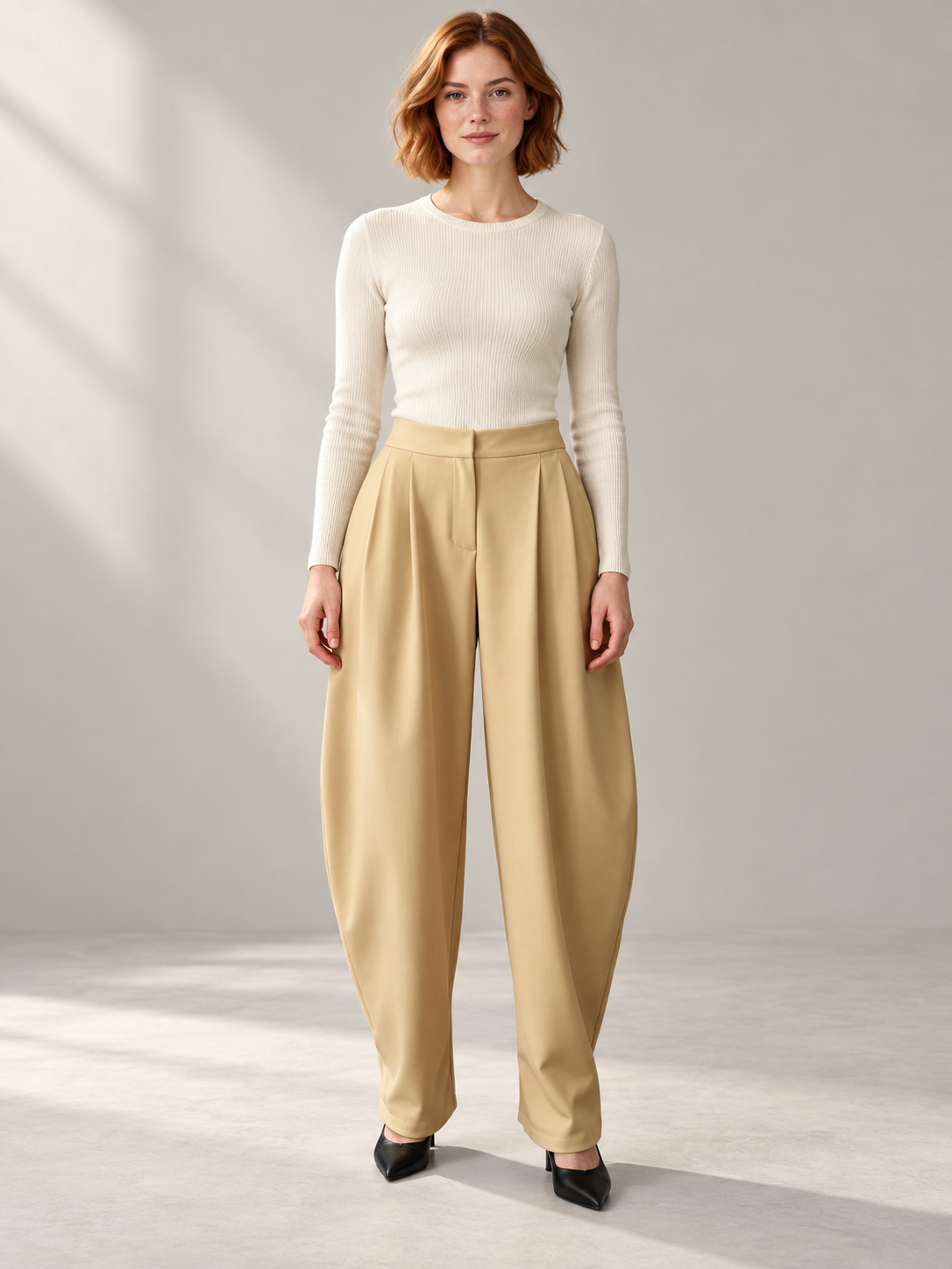 Women's Pleated Wide-Leg Dress Pants — full-length studio model view