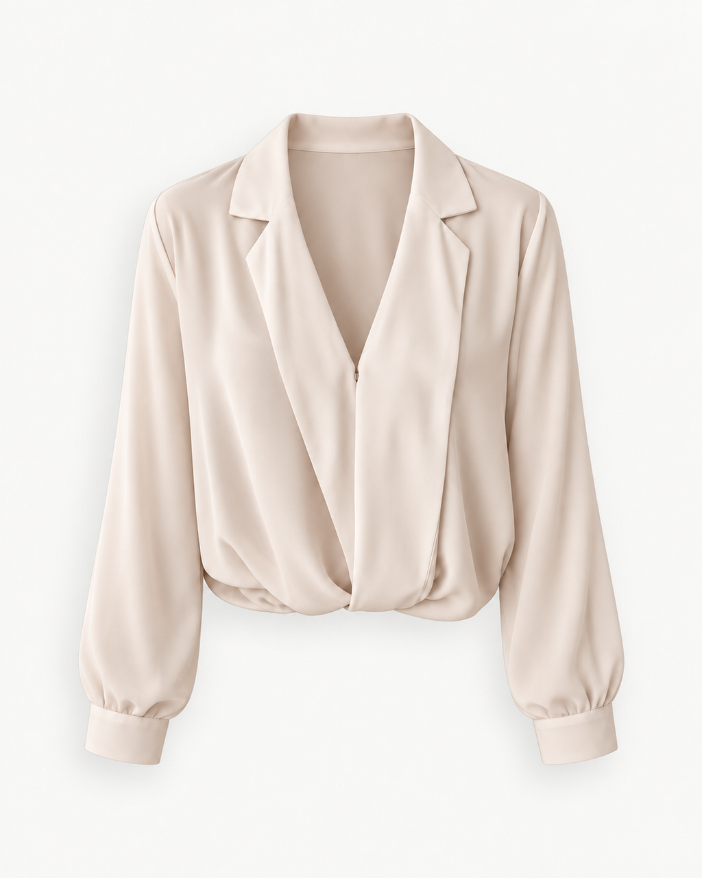 Women's Draped V-Neck Long-Sleeve Blouse in Apricot — front studio view with hem styled folded under