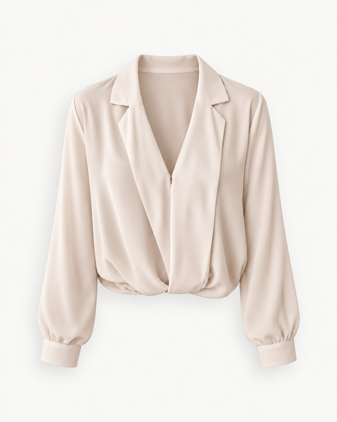 Women's Draped V-Neck Long-Sleeve Blouse in Apricot — front studio view with hem styled folded under